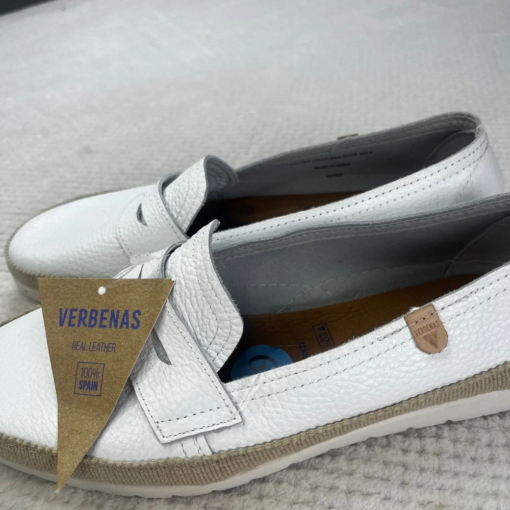 Verbenas White Pebbled Leather Penny Loafers Made in Spain Size 37/6.5-7 NEW